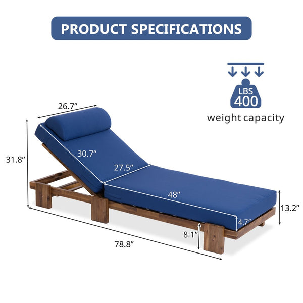 English Elm U_style Solid Acacia Wood Outdoor Lounge Set Adjustable Reclining Poolside Chairs with Headrest Navy Blue WY000483AAC