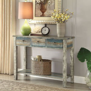English Elm Antique Vintage-Inspired Teal Console Table with Two Drawers and Spacious Cabinet, Durable Wood Legs Antique Gray B062P189095