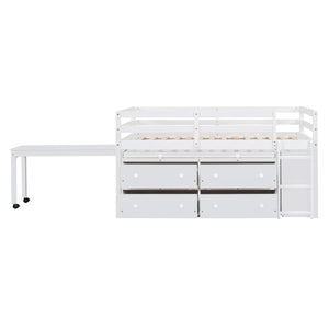 English Elm Twin Loft Bed Pinewood Frame Four Drawers Retractable Study Desk Kids Bedroom White LT000368AAK