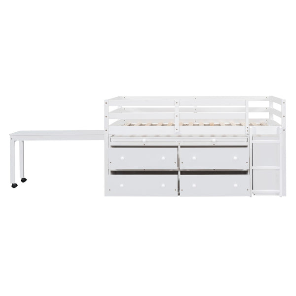 English Elm Twin Loft Bed Pinewood Frame Four Drawers Retractable Study Desk Kids Bedroom White LT000368AAK