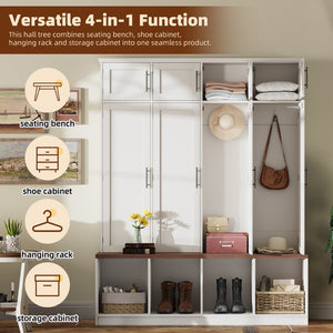 English Elm Farmhouse Hall Tree with Triple Arch Back Panel Eight Hooks Drawers and Entryway Bench White N721S000059K-1