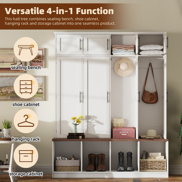 English Elm Farmhouse Hall Tree with Triple Arch Back Panel Eight Hooks Drawers and Entryway Bench White N721S000059K-1