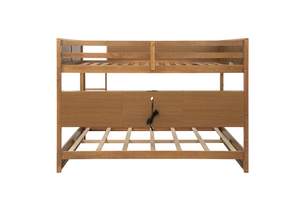 English Elm Queen Over Queen Floor Bunk Bed with Built-In Storage Shelves, USB Charging Station, Solid Pine Frame, Safety Rails and LadderDesigned for Space Saving and Modern Bedrooms Wheat W504S00259