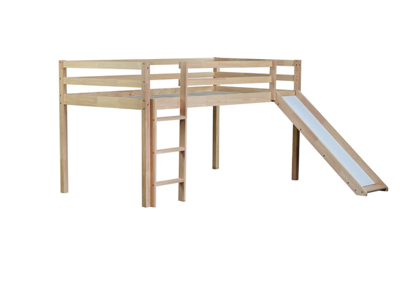 English Elm Twin Low Loft Bed with Slide and Ladder for Kids, Rubberwood Frame, Safety Guardrails & Playspace White Oak W504P218527