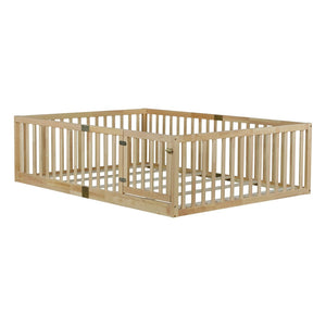 English Elm Twin Montessori Floor Bed Solid Rubber Wood with Safety Fence Rails Toddler Room W504P411200