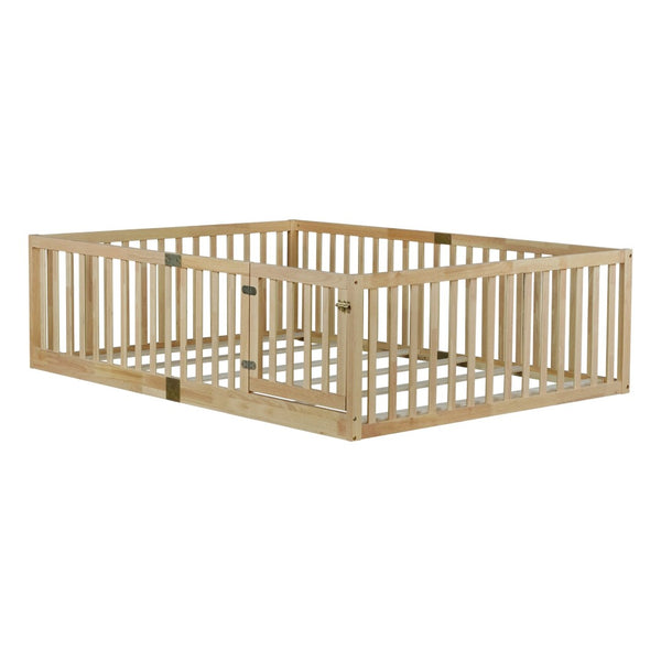 English Elm Twin Montessori Floor Bed Solid Rubber Wood with Safety Fence Rails Toddler Room W504P411200