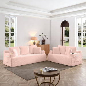 English Elm Boneless Floor Sofa Corduroy Upholstered 5 Seat Low Profile with Cup Holders for Living Room Pink W1117S00431