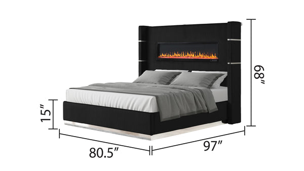English Elm Lizelle King Bed Black Velvet with LED Fireplace Display, Bluetooth Speakers, USB Ports, Luxe Finish B00977488