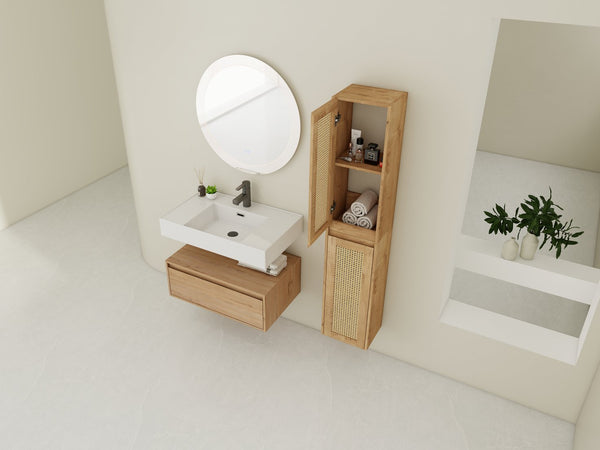 English Elm 30 Inch Wall-Mounted Bathroom Vanity With Resin Sink & Soft Close Drawers - Modern Storage Solution W999S00354