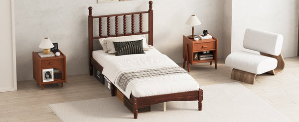 English Elm Twin Rubberwood Platform Bed Gourd Headboard Retro Bohemian Bedroom Slat Base Walnut N733P427029D
