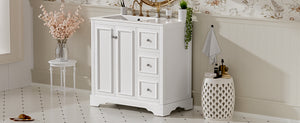 English Elm 36'' Transitional Bathroom Vanity with Ceramic Sink, Solid Wood Frame, Adjustable U-Shelf & Soft-Close Doors White N729P292966K