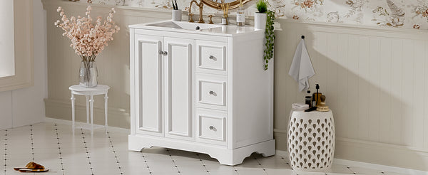 English Elm 36'' Transitional Bathroom Vanity with Ceramic Sink, Solid Wood Frame, Adjustable U-Shelf & Soft-Close Doors White N729P292966K
