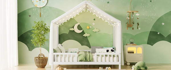 English Elm Montessori House Bed Frame Twin with Canopy & Full Guardrails, Cozy Kids Platform Bed for Toddlers White 77.8 L x 17.25 W x 7 H N733P356048K