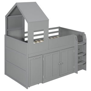 English Elm Twin House Loft Bed with Pull Out Rolling Desk Stair Drawers and Cabinet Storage Gray N820S00072E