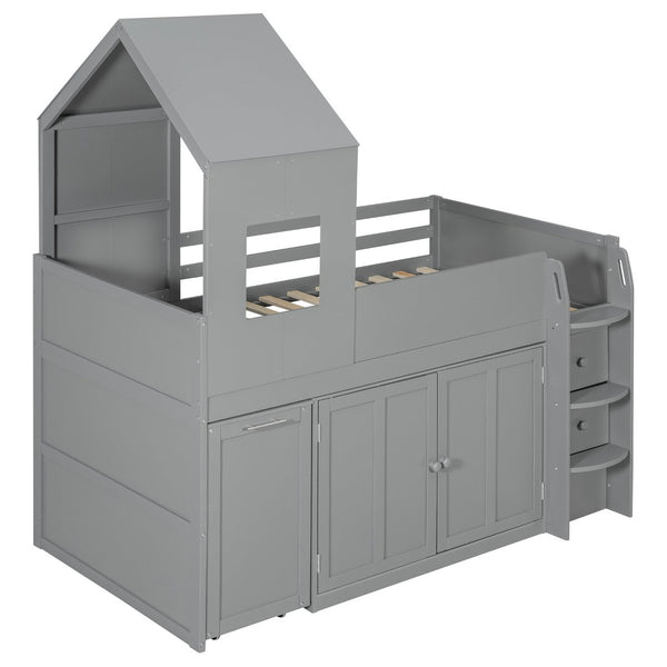 English Elm Twin House Loft Bed with Pull Out Rolling Desk Stair Drawers and Cabinet Storage Gray N820S00072E