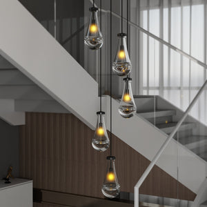 English Elm 5 Light Cluster Pendant with Raindrop Glass & Adjustable Copper Rope, Modern High-Ceiling Chandelier for Living Room, Dining, Stairwell — App-Controlled Black W1340P316384