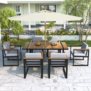 English Elm 7 Piece Outdoor Dining Set with Acacia Wood & Steel Frame, Water-Resistant Cushions, Umbrella Hole Grey N719Z000140E