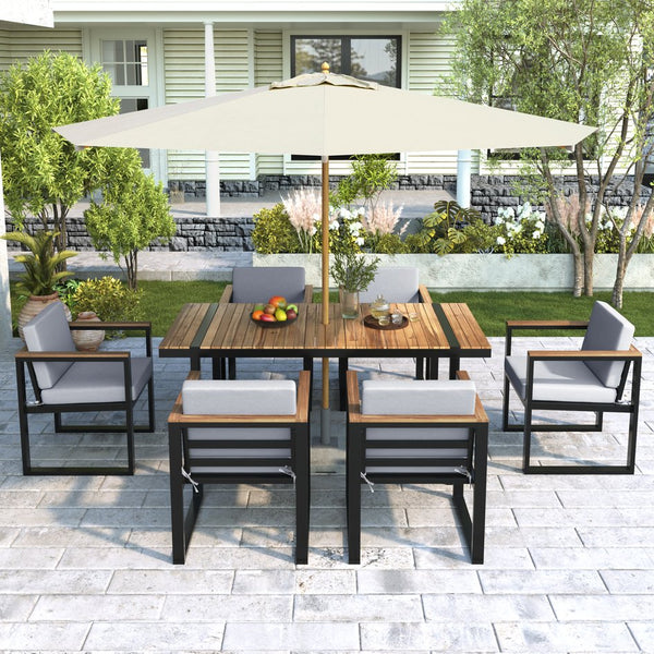 English Elm 7 Piece Outdoor Dining Set with Acacia Wood & Steel Frame, Water-Resistant Cushions, Umbrella Hole Grey N719Z000140E