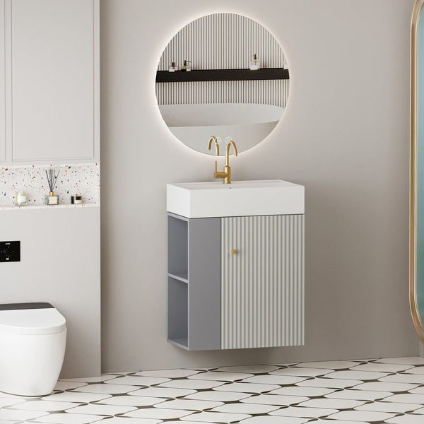 English Elm 21.6" Floating Bathroom Vanity with Ceramic Sink Open Shelving and Soft Close Storage W1573S00092