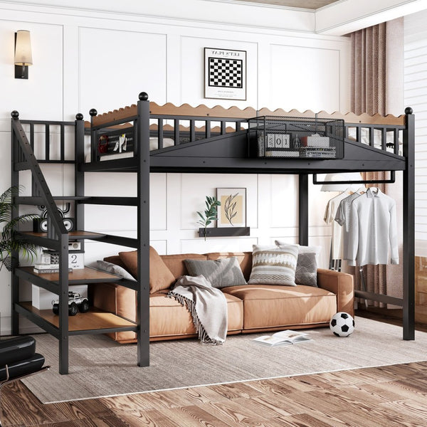 English Elm Full Size Metal Loft Bed with Stair Storage Shelves Bookshelf for Dorms Bedroom W1580S00378