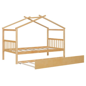 English Elm Twin House Bed Solid Pine Cottage Frame with Pull Out Trundle for Kids Bedroom Natural N708P309238M