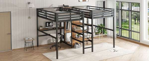 English Elm Twin Over Twin Metal Loft Bed With Double Desk, Wardrobe & Outlets For Ultimate Space Efficiency W1580S00115-GIGA