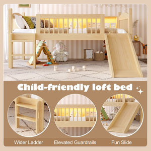 English Elm Twin Low Loft Bed Solid Pine Frame with Built-in Led Lighting and Storage Shelves Natural W1580P395930