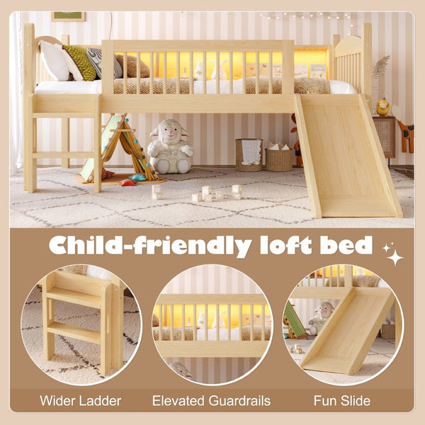 English Elm Twin Low Loft Bed Solid Pine Frame with Built-in Led Lighting and Storage Shelves Natural W1580P395930