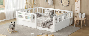 English Elm Twin Low Profile Kids Floor Bed Pine Wood Frame with Safety Rail and Built in Bookshelf White W1580P373138