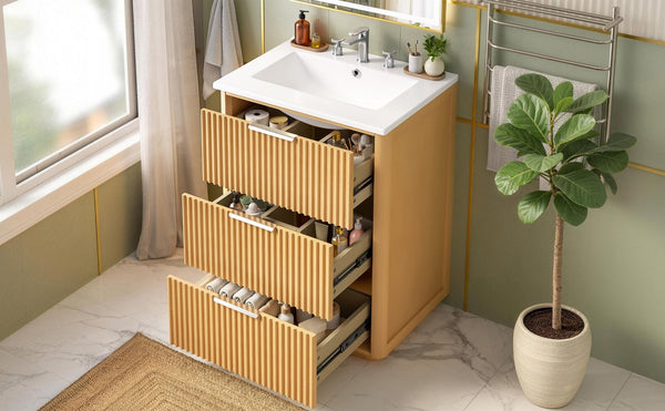 English Elm 24'' Vintage Bathroom Vanity with Ceramic Sink Soft Close Drawers Open Shelf N710P411251P