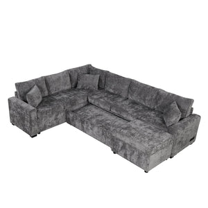 English Elm 112.2" Sectional Sofa Pull-Out Bed with Storage Ottoman, USB Charging, Pocket Spring Comfort, Tweed Chenille Upholstery Grey N719S001540E