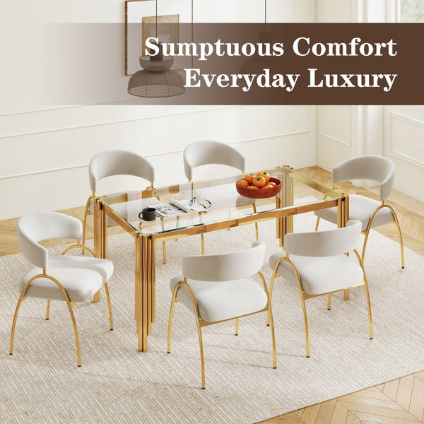 English Elm Dining Chair Set with Curved Back Gold Metal Frame Upholstered Fabric Seat Pair Beige W1567P343436