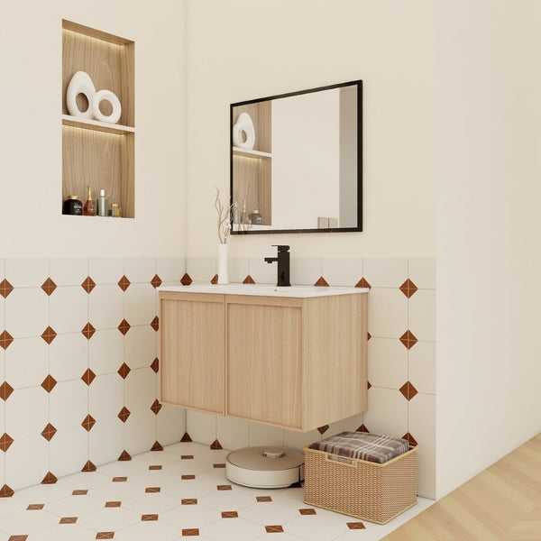 English Elm 30" Floating Bathroom Vanity Dark Oak Cabinet Ceramic Sink Open Shelf Soft Close Glossy White,Light Oak W3450P435844
