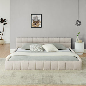 English Elm King Platform Bed Fully Upholstered in Plush Chenille with Low Profile Modern Frame Beige W487S00468