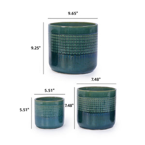 English Elm Set Of 3 Handcrafted Grid Ceramic Planters - Modern Blue-Green Flowerpots For Home & Garden Decor W3273P322259-GIGA
