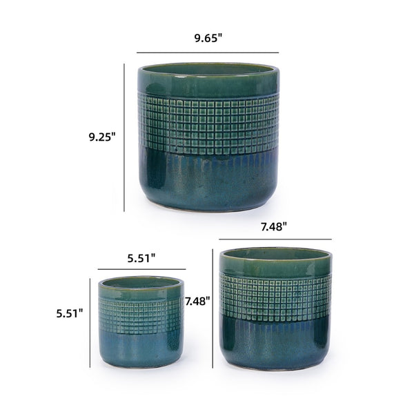 English Elm Set Of 3 Handcrafted Grid Ceramic Planters - Modern Blue-Green Flowerpots For Home & Garden Decor W3273P322259-GIGA