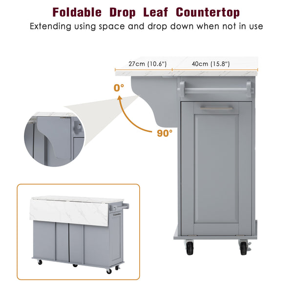English Elm K&K Vintage Convex Kitchen Island Cart with Faux Marble Top, Tilt Trash, Pull-Out Organizer, Wheels Grey+Blue N707P299008G