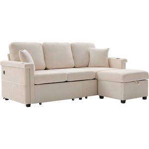 English Elm UNITED Corduroy L-Shaped Sectional Sofa with Storage Ottoman, USB Ports, Cup Holders & LED Lighting Beige W1568P332400