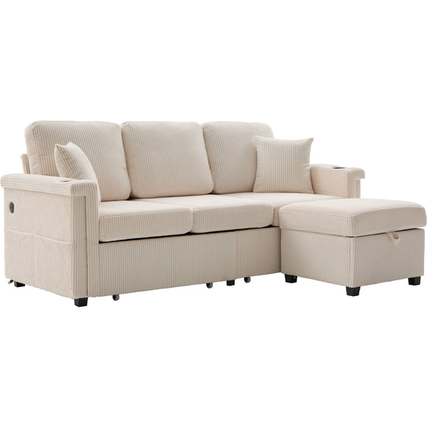 English Elm UNITED Corduroy L-Shaped Sectional Sofa with Storage Ottoman, USB Ports, Cup Holders & LED Lighting Beige W1568P332400