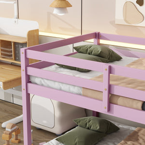 English Elm Solid Twin over Twin Floor Bunk Bed Pink – Solid Rubberwood Low-Height Platform with Ladder, Sturdy Slats, 200lb Capacity and Versatile Under-Bed Space for Kids Rooms (46.6"H x 77.3"L) W504P208048