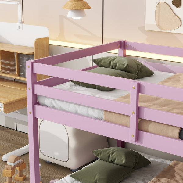 English Elm Solid Twin over Twin Floor Bunk Bed Pink – Solid Rubberwood Low-Height Platform with Ladder, Sturdy Slats, 200lb Capacity and Versatile Under-Bed Space for Kids Rooms (46.6"H x 77.3"L) W504P208048