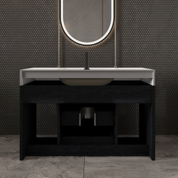 English Elm 29.9" Floating Bathroom Vanity Sintered Stone Top Soft Close Drawers Bronze Gold Hardware W3136S00038