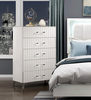English Elm Glam White Five Drawer Chest Faux Marble Top Chrome Legs Bedroom Storage B011P443205