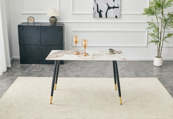 English Elm Modern Sintered Stone Rectangular Dining Table with Metal Legs for Four Seats Light Beige W3493S00013