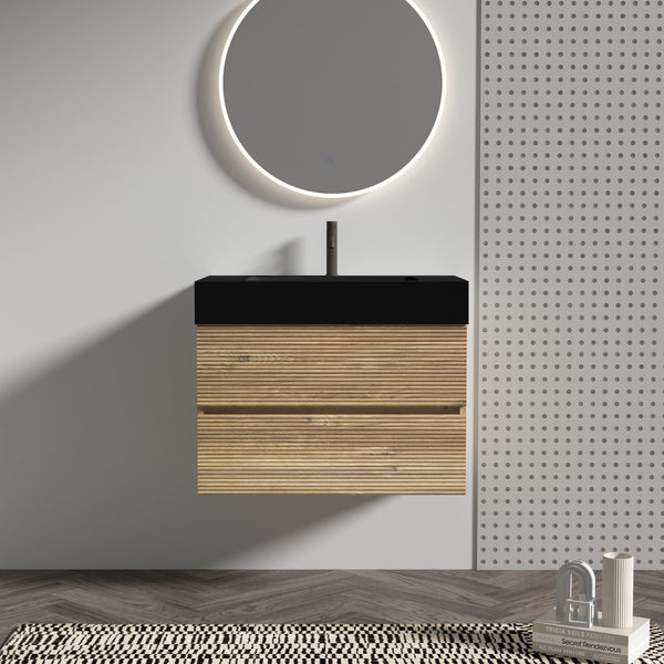 English Elm 30' Mid-Century Wall-Mounted Vanity with Oak-Tone Walnut Finish, Extra Storage & Soft-Close Drawers Oak W1865S00165