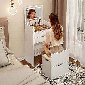 English Elm Dressing Table Set with Led Lit Flip Mirror Hidden Stool and Dual Drawers for Small Spaces W5252P447369