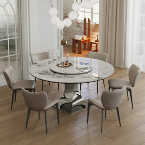 English Elm 59" 59" Round Sintered Stone Dining Table with Gold Hourglass Base, Marble-Look, Scratch & Heat Resistant Black White W2700S00049