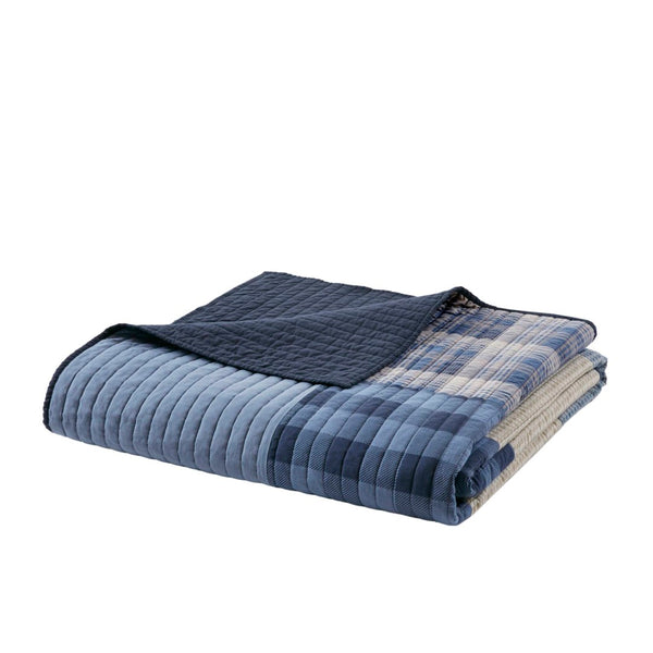 English Elm 2-piece Cotton Patchwork Quilt Set Navy Denim Plaid All Season Twin Bedding B035P463256