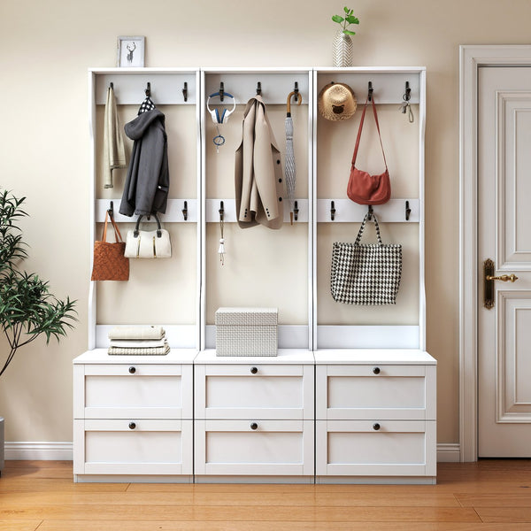 English Elm 2-in-1 Wood Coat Rack Nightstand with Drawer & Hooks — Freestanding Bedroom Entryway Organizer W331P280719