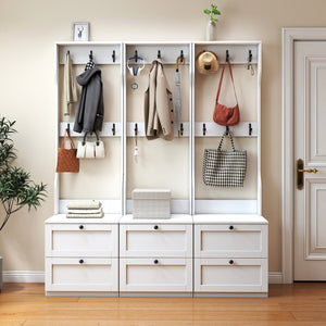 English Elm 2-in-1 Wood Coat Rack Nightstand with Drawer & Hooks — Space-Saving Freestanding Storage for Bedroom and Entryway W331P280719